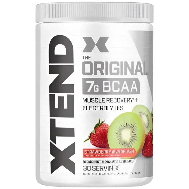 Envase blanco cilíndrico de xtend original 7g bcaa sabor fresa kiwi para recuperación muscular